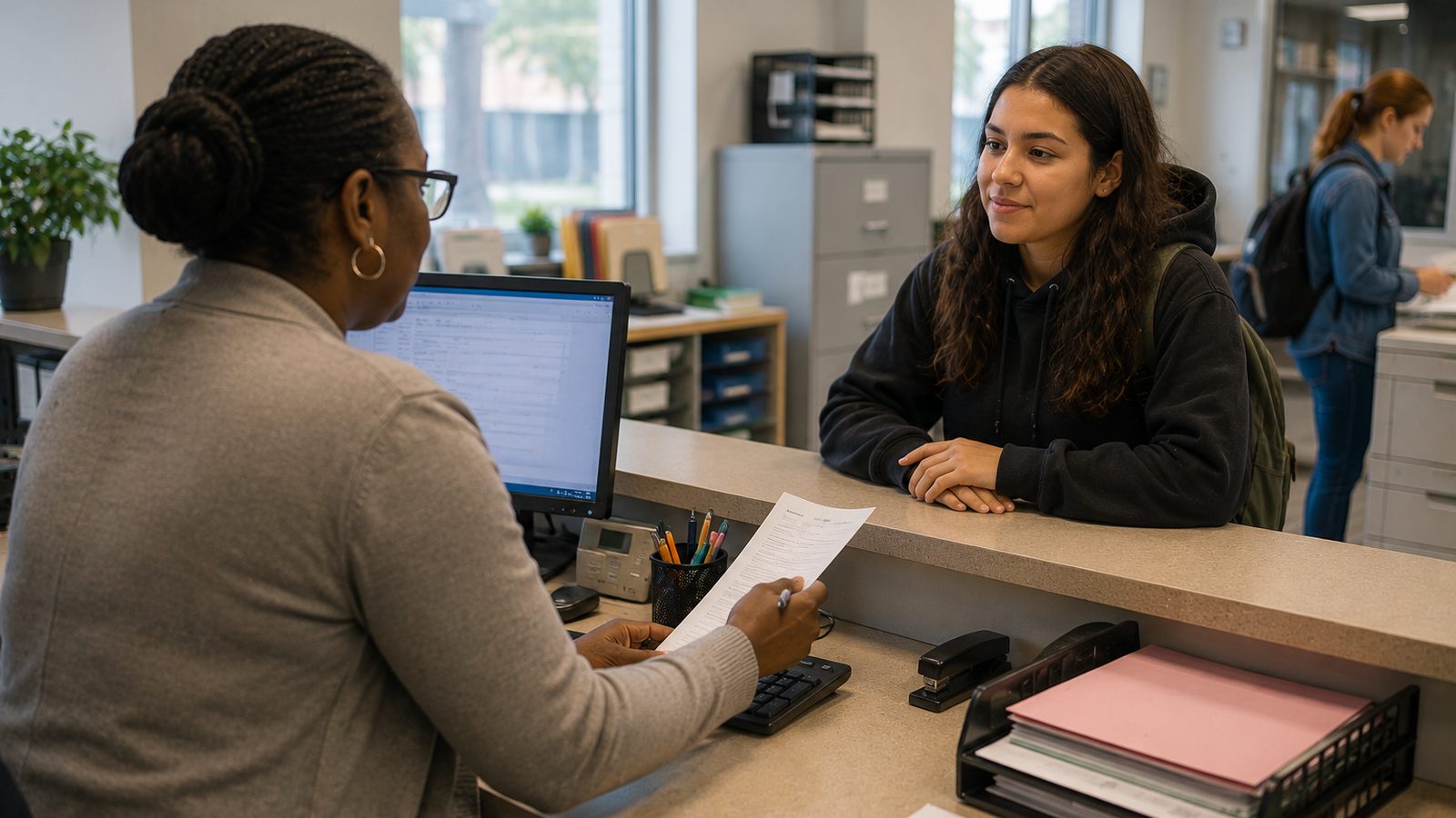 A campus administration office, staff member helping a student at the counter