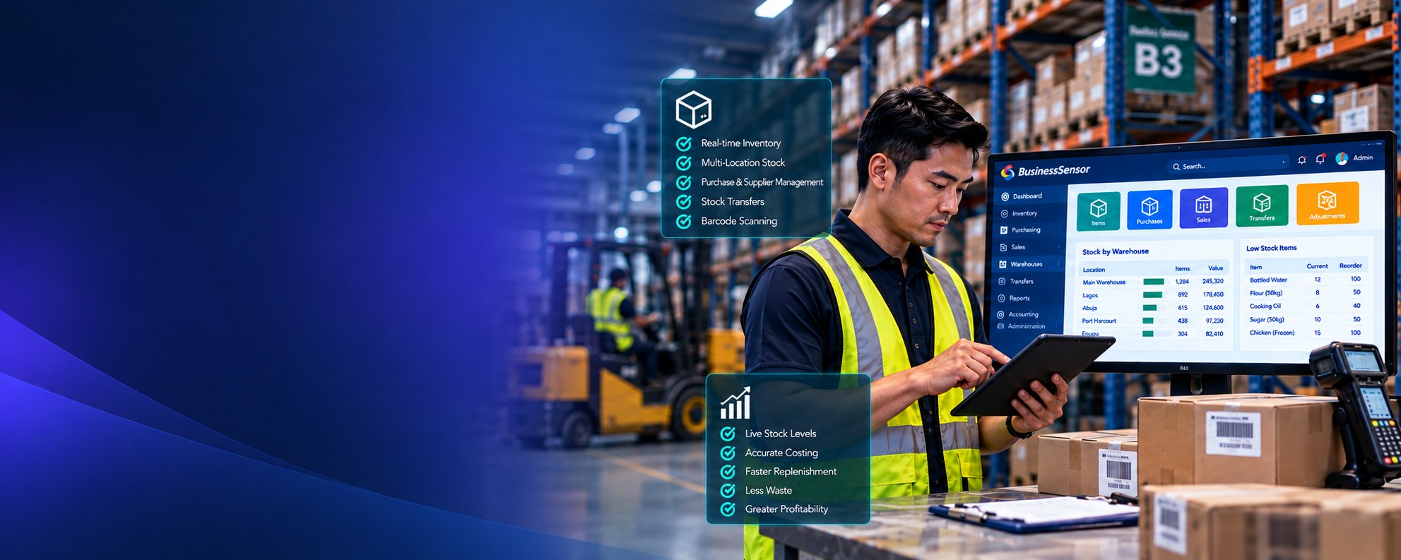 A distribution warehouse: a supervisor in a high-visibility vest checking a tablet beside a screen showing stock by warehouse and low-stock items, with racking and a forklift behind him.