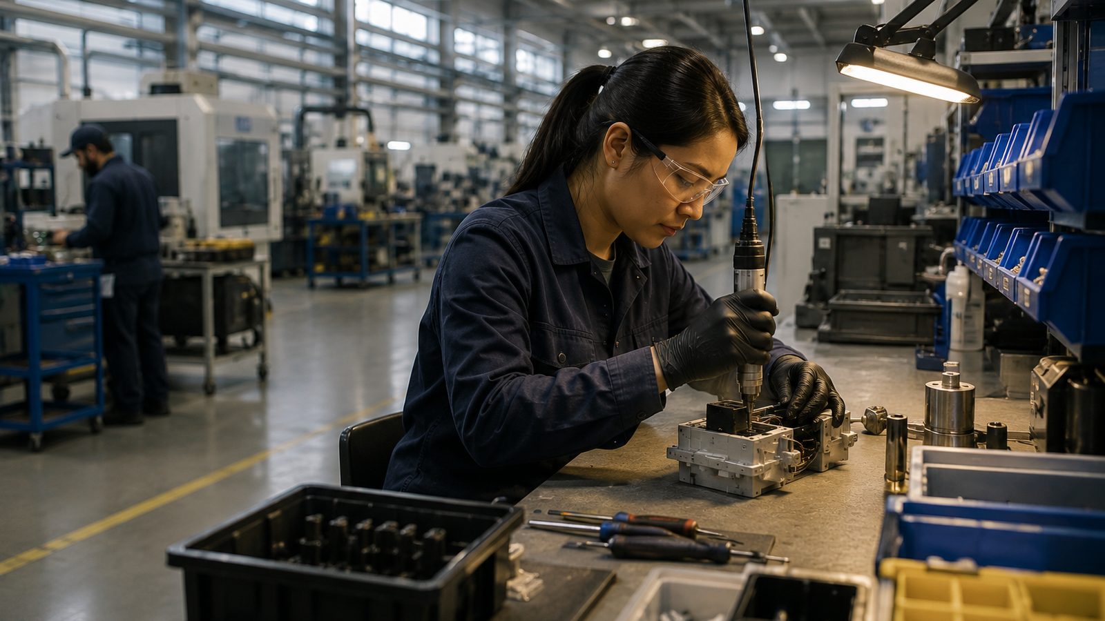A technician assembling a component at a workbench on a light manufacturing floor