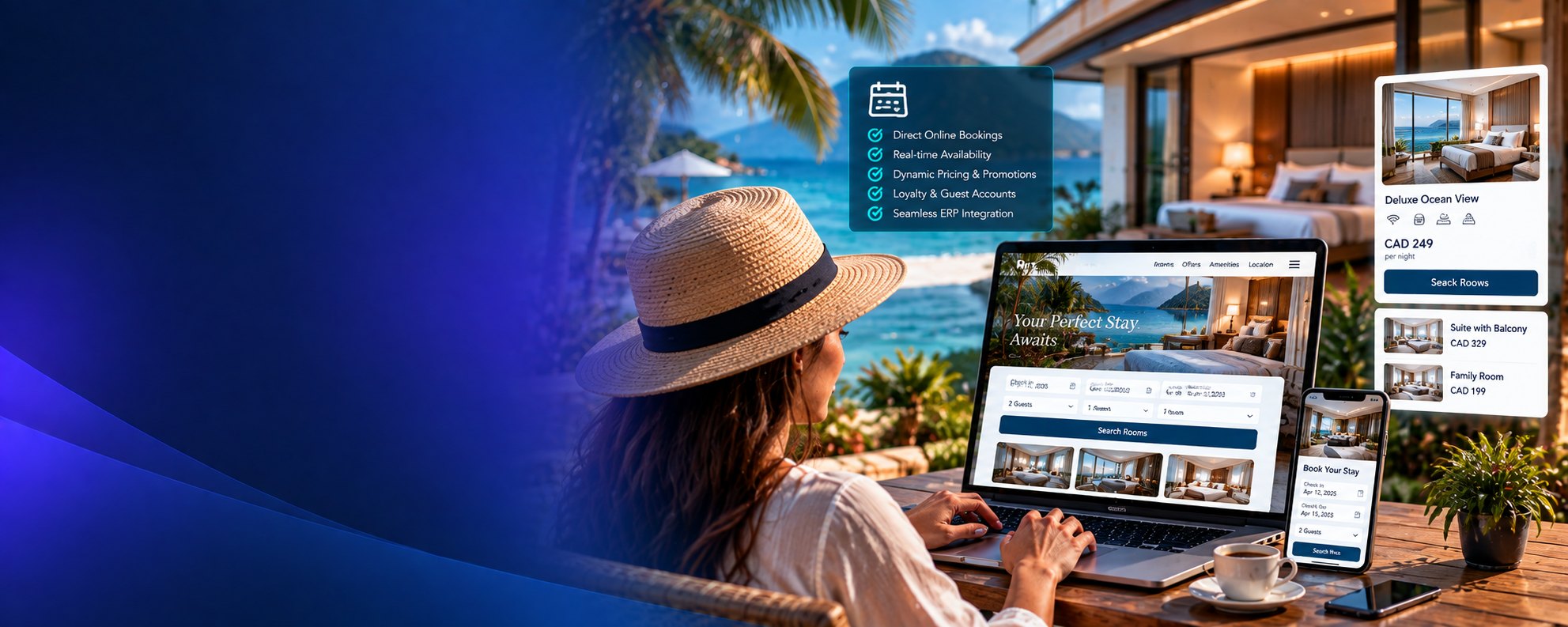 A guest booking a room on a laptop from a sunlit terrace by the sea, with the property’s own booking site on screen showing room types, rates and a search-and-book panel, and the same booking running on a phone beside it.