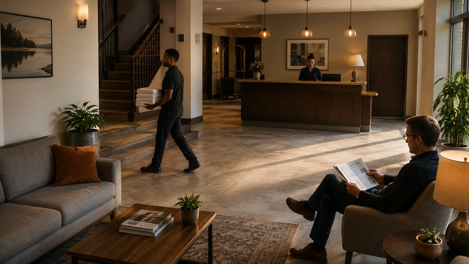 A hotel lobby and reception area