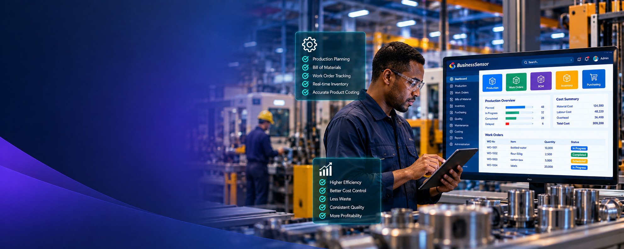 A production floor: an operator in safety glasses working a tablet beside a screen showing the production overview, open work orders and a cost summary of materials, labour and overhead.