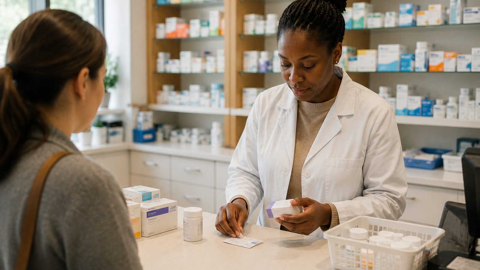 A pharmacist checking a dispensed item against its label at the counter
