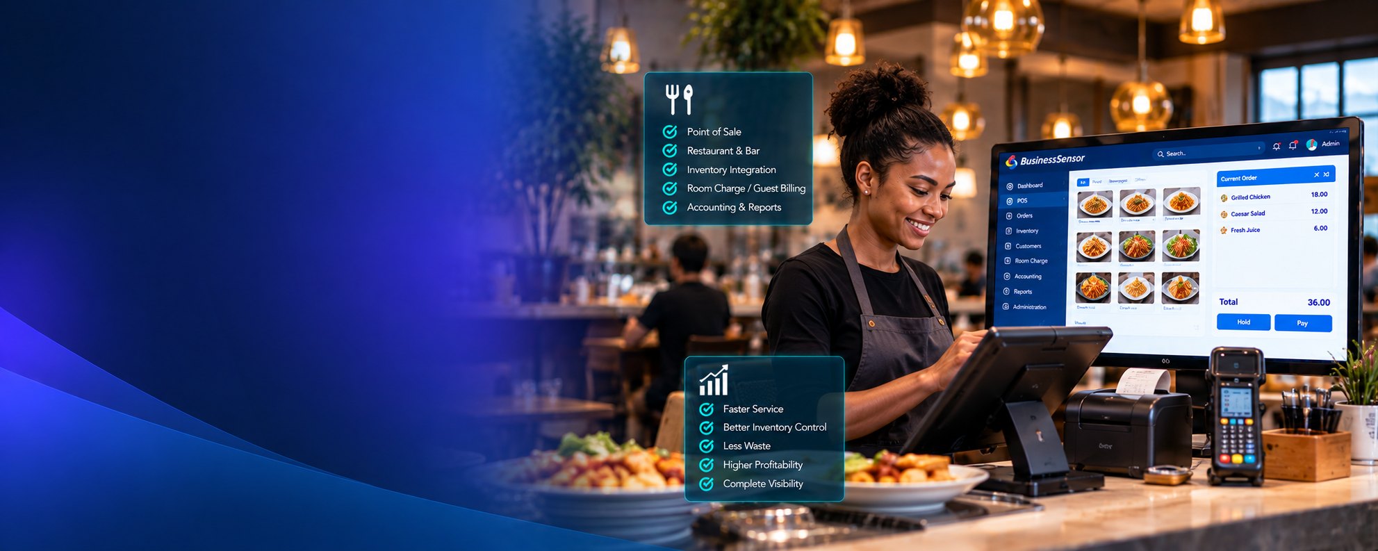 A restaurant counter at service: a server working a touch till while the point-of-sale screen beside her shows the menu, the open order and its running total, with a receipt printer and card terminal alongside.
