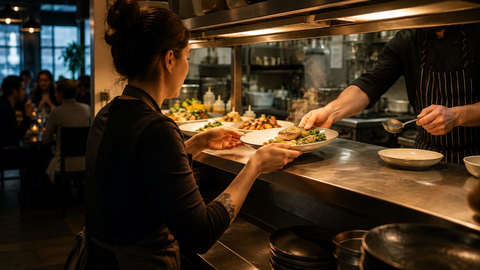 A server collecting a plated dish at the pass during restaurant service
