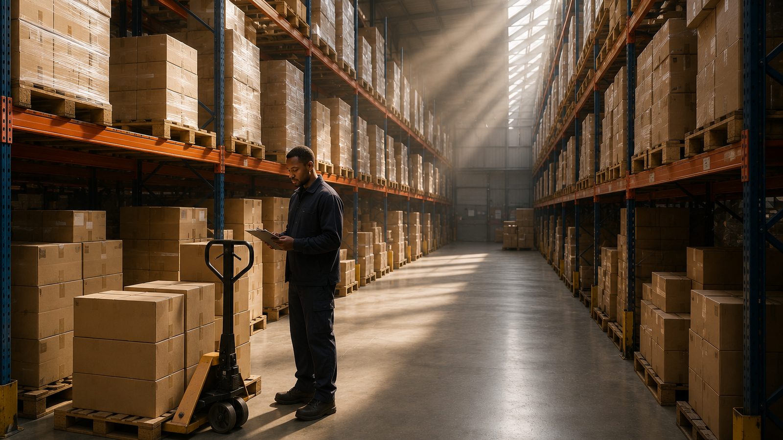 A distribution warehouse with racked stock