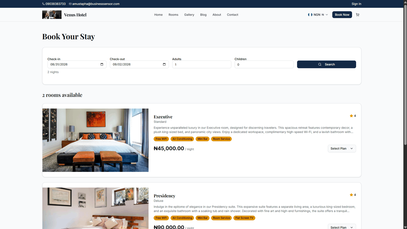 A hotel's own booking website showing room types with rates and availability, ready to book