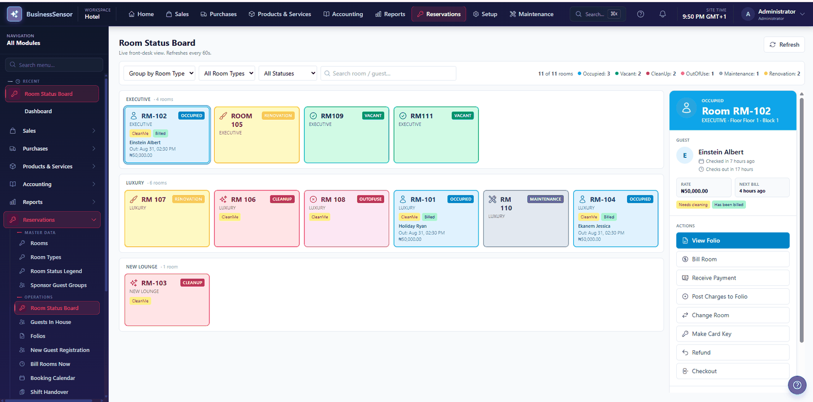 The room status board: a colour-coded grid of every room showing vacant, occupied, cleaning and out-of-service