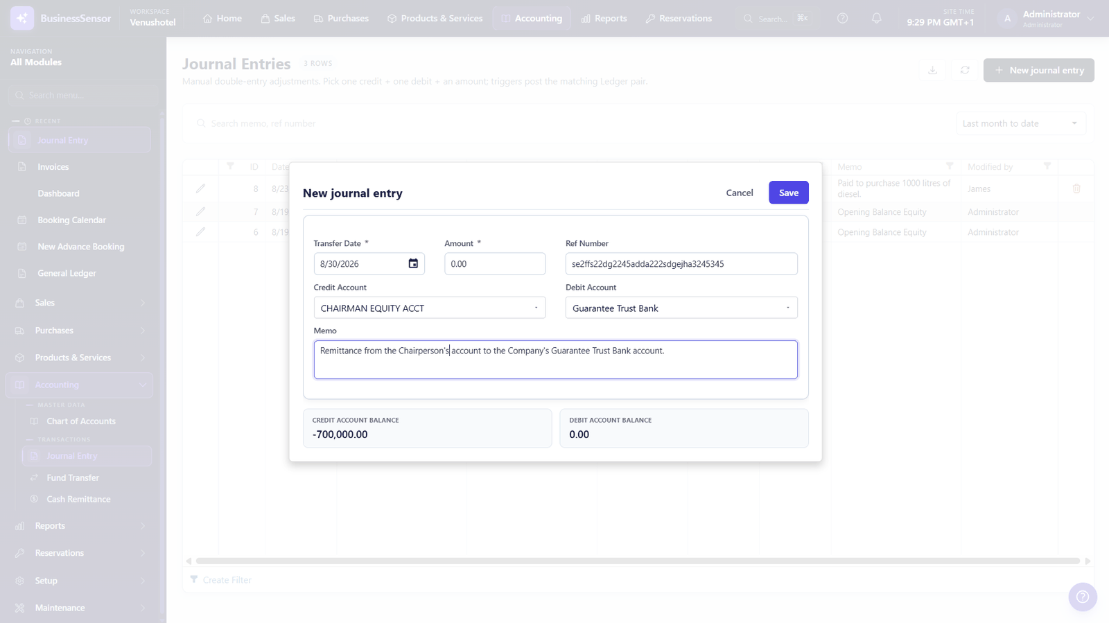 The journal entry automatically created by an operational transaction, showing both sides of the posting