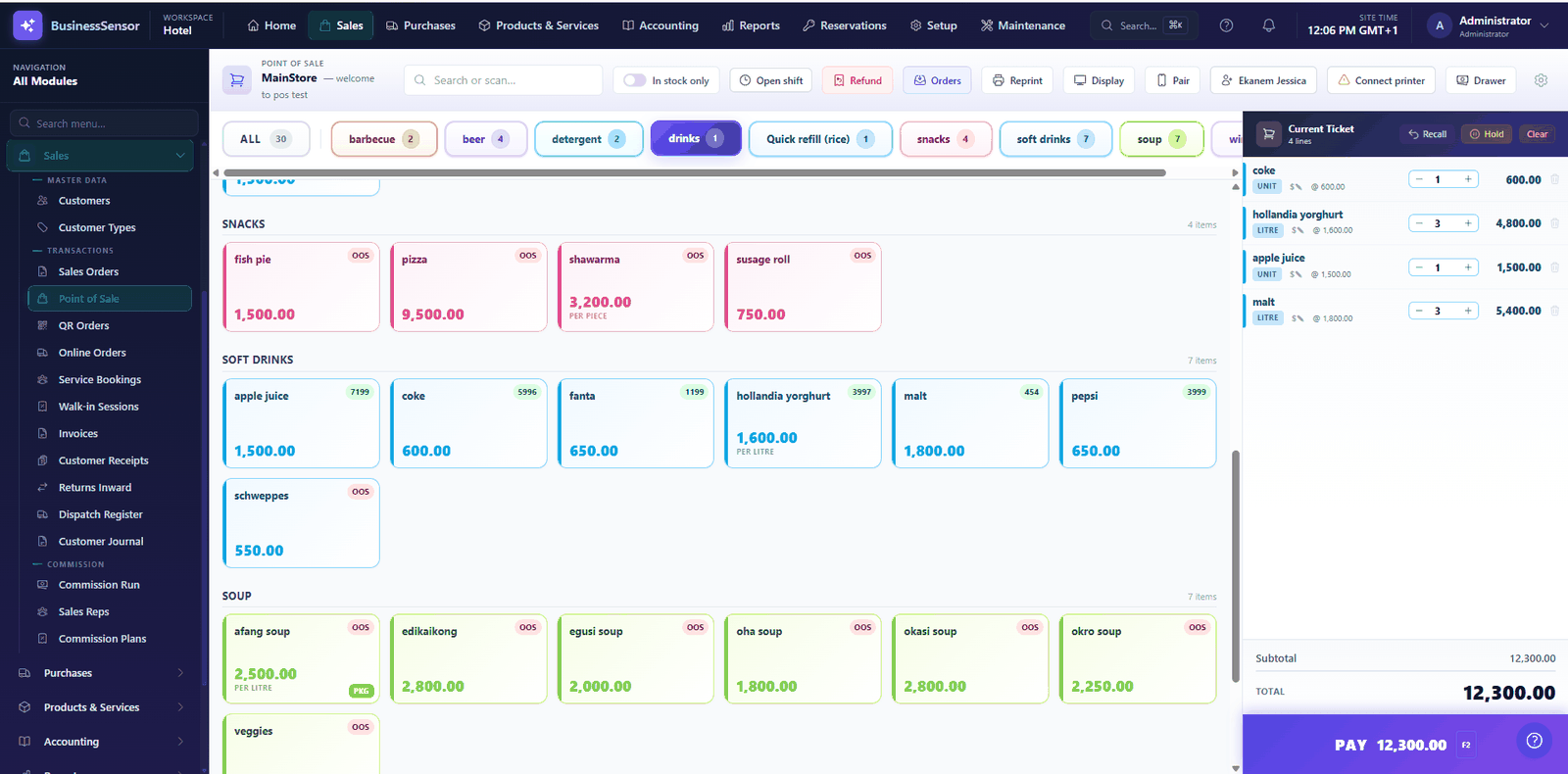 The touch point-of-sale screen mid-sale, with categorised items, out-of-stock badges and the current ticket totalling on the right